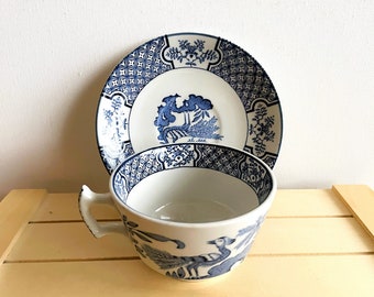 Antique Wood and Sons Yuan Blue and White Teacup and Saucer Set, Made in England, Blue and White, Bird of Paradise, Chinoiserie