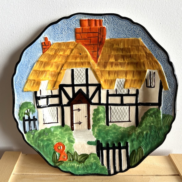 Hancocks Ivory Ware Hand Painted Thatched Cottage Decorative Plate, Made in England, Country Kitchen, Cottage Core, Tudor