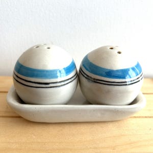 White Teal and Black Striped Ceramic Salt and Pepper Shaker Set With Underplate or Tray, MCM Round S & P, Vintage Kitchenalia