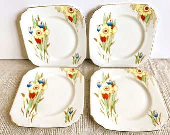 Antique Taylor and Kent Longton Set of 4 Side Plates, Made in England, Salad or Dessert Plates, Daffodils, Tulips, Spring Flowers