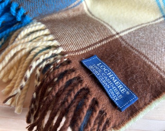 Lochmere Cashmere Scarf Blue Creamy Yellow and Tan Brown Scarf Fringed Scarf Scotland Pure Cashmere Edinburgh Woollen Mill