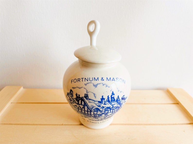 Fortnum and Mason Blue and White Mustard Pot With Spoon, Crown Devon Fieldings, Made in England, Condiment Pots image 1