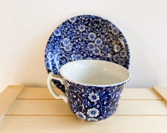 Burleigh Calico Blue and White Floral Chintz Vintage Teacup and Saucer Set, Made in Staffordshire England, Chintzware