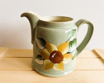 Denby Light Green Pitcher Creamer or Small Jug, Made in England, Yellow Flowers, Retro Dishware, Celadon, Country Kitchen