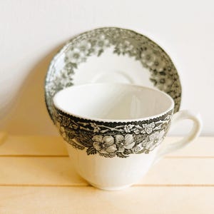 Enoch Wedgwood Ironstone Vintage Teacup and Saucer Set, Made in England, Countryside Blue and White Set, Malverne Black and White Set