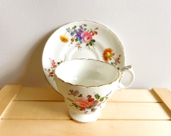Cauldon Vintage Floral Teacup and Saucer Set, Made in England of Bone China, Afternoon Teatime, Pretty Teacup for a Tea Drinker