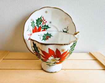 Queen Anne Noel Christmas Teacup and Saucer, Made in England of Bone China