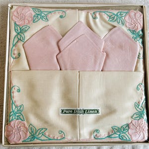 Pure Vintage Irish Linen Fabric Napkins and Table Cloth and Handkerchiefs Set in Light Pink, Made in Ireland in the 1960s