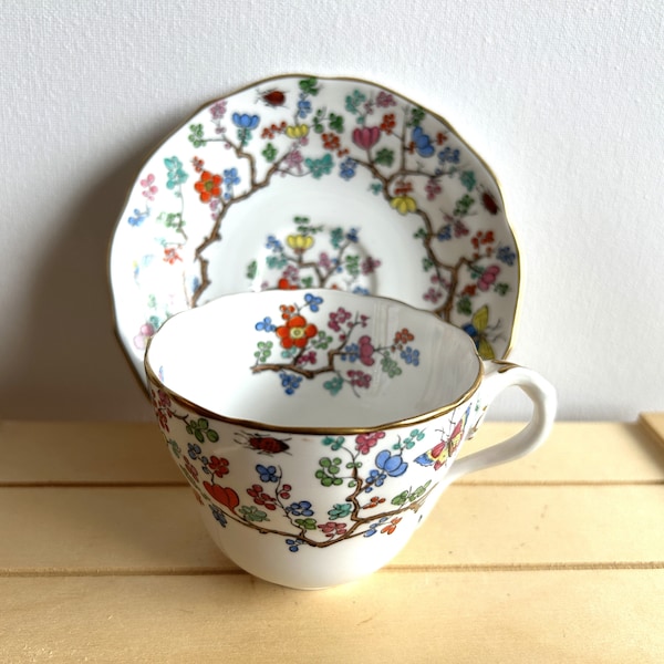Spode Copeland's China Shanghai Teacup and Saucer Set, Made in England, Ladybugs Ladybirds, Floral Teacups, Tea Party