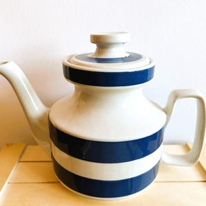 Staffordshire Potteries Blue and White Striped Vintage Coffee Pot or Teapot, Chef Ware Made in England, Housewares for Your Retro Home