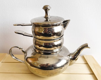Stacking Silver Plate Vintage Teapot Cream and Sugar, Personal Sized Tea Set