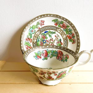 Antique Copeland Indian Tree Teacup and Saucer Set, 1920s, Made in England, AD 1750, Hand Painted Tea Dishes With Gold Trim