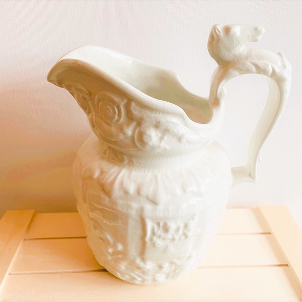 Antique Arthur Wood Creamy White Large Pitcher, Horse Head Handle, Made in England, Equestrian Decor, Horse Gifts