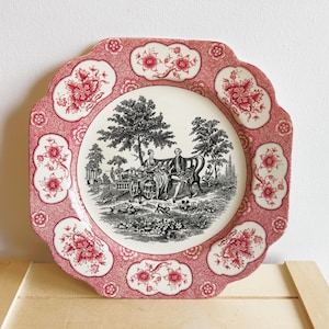 Puede incluir: Un plato de porcelana rosa y blanco con un diseño floral en blanco y negro. El plato presenta una escena de dos personas sentadas en un banco en un jardín.