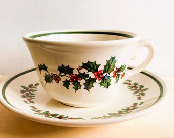 Myott Christmas Holly Teacup and Saucer Set, Christmas Holly Oval Shallow Serving Dish, Made in England, Xmas Dishes