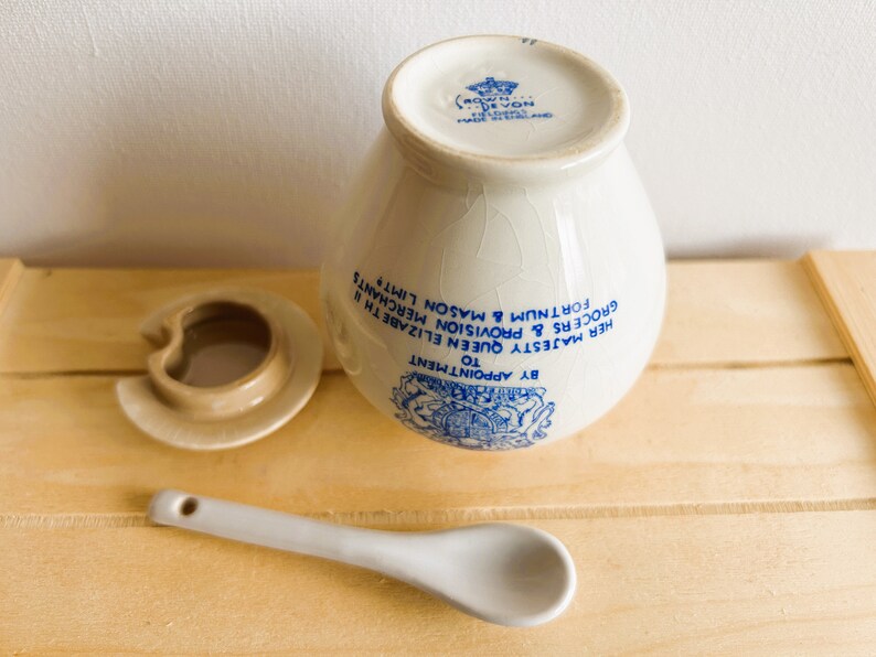 Fortnum and Mason Blue and White Mustard Pot With Spoon, Crown Devon Fieldings, Made in England, Condiment Pots image 10
