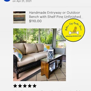 May include: Handmade entryway or outdoor bench with shelf. The bench is made of unfinished pine and has a dark wood stain. The bench is in front of a beige sofa with pillows. The bench is part of the Yellow Dog Rustic Decor collection.