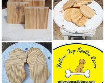 Juego de bloques de baldosas planas de pino amarillo de 4 ", hexágono cuadrado u octágono lijado, listo para pintar, posavasos artesanal rústico primitivo, proyecto de bricolaje