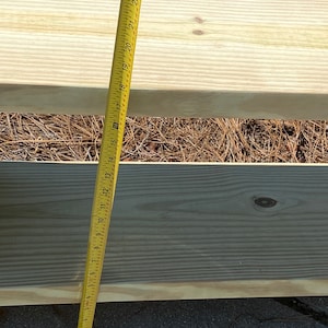 May include: A yellow measuring tape shows a wooden plank. The tape reads up to 24 inches. The wood is light-colored and appears to be new. The background is a mix of brown pine needles and a gray surface.