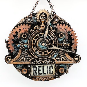 May include: A round, steampunk-style clock with gears, a clock face, and a sign that reads "RELIC". The clock is made of metal and has a distressed, aged look. It is painted in shades of brown, gold, and blue.
