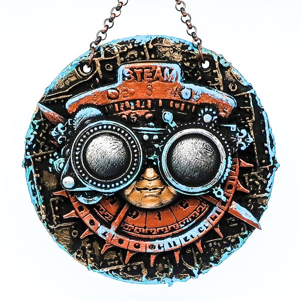 Steampunk Man Goggle Art Geeky Gift For Man Cave, Funky Design Recycled Record Birthday Gift, Mechanical Man Mixed Media CD Art Wall Hanging