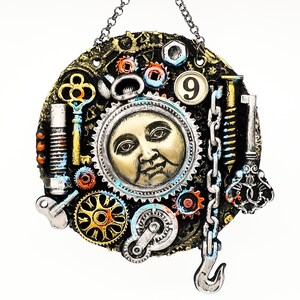 Gears and Cogs Steam Machine Preppy Wall Hanging, Man in the Moon Mixed Media Art on a Compact Disc