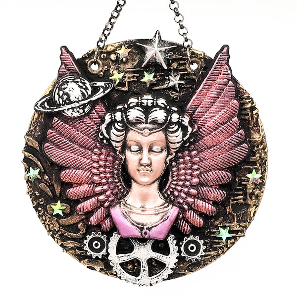 Vesta Goddess Art Ornament New Home Gift, Roman Deity Hearth and Home Mythological Person, Mixed Media Assemblage Artwork on a Recycled CD