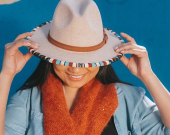 Beige Beaded Wide Brim Wool Fedora Hat with Belt Buckle. 18k Gold. Cut Beads. Indigenous Made. Native American Beadwork.