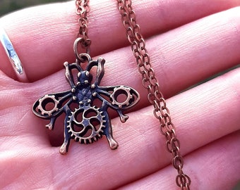 Steampunk Bee Necklace: Cog Gear Charm, Rust-Toned 18" Chain