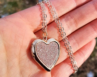 Pink Glitter Heart Necklace Heart Locket Necklace Rose Gold