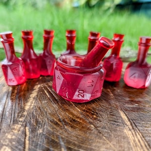 Ruby Resin Potion bottle Dice Mortar and Pestle Dice Alchemist Dice Resin Dice Goblin TTRPG Accessories Potions Red Potions Nerd Gamer Gift