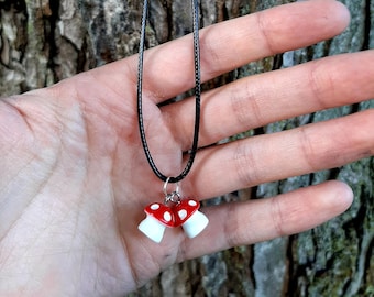 Double Mushroom Necklace: Cottagecore Red Mushroom Charm, 20" Cord