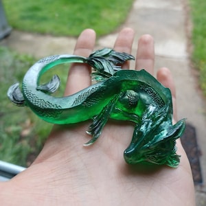 Emerald Green and Charcoal Silver Dragon / Dragon Figurine / Resin Dragon / Fantasy / Handmade Dragon / Dice Guardian / Cute / Gift for Him