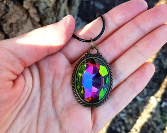 Aurora Borealis Crystal necklace / oversized pendant / large crystal pendant /  rainbow pendant / iridescent