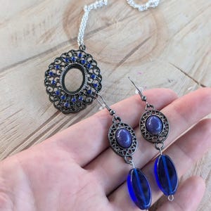 Earring and Necklace Set, Bronze and Sterling Silver Blue Faux Stone Set Royal Blue Glass Bead Earrings Prom Set, Elegant Ren Fair Jewelry