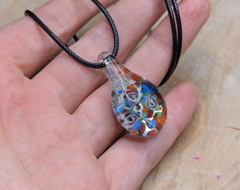 Speckled Millefiori Style Pendant Blown Glass Necklace Vintage charm Necklace Silver Tone Multicolor Clasped Corded Hippie Necklace