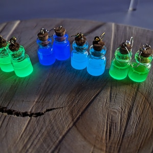 Può includere: Sei paia di orecchini luminescenti con piccole bottiglie di vetro riempite di liquido blu e verde. Le bottiglie hanno tappi di sughero e ganci per orecchini argentati.