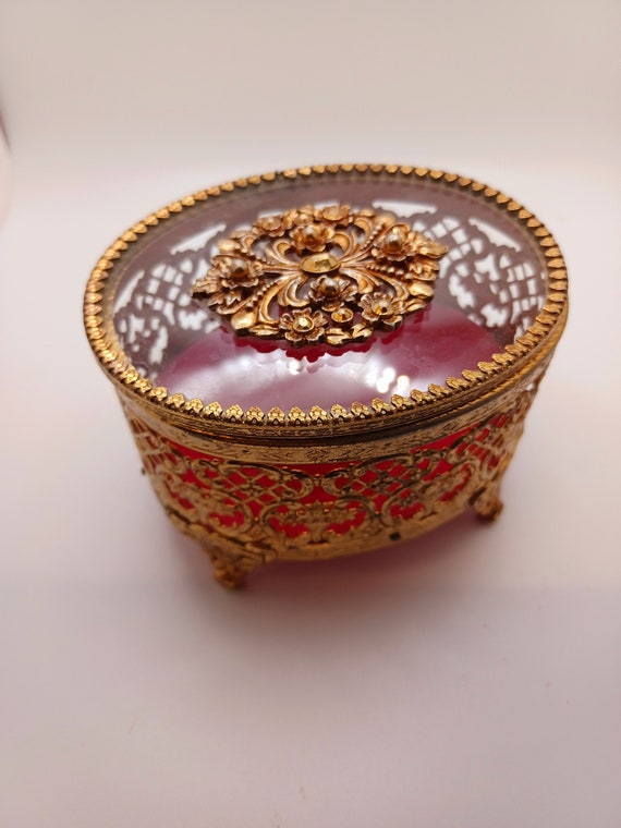 French-Style Gold and Red Filigree Container / Vi… - image 1