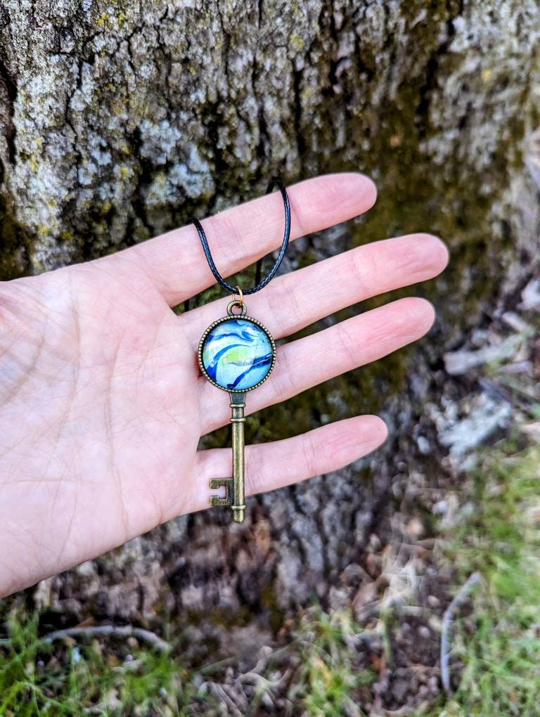 Blue Marbled Key Necklace Magic Marbled Key Skeleton Key Necklace Vintage  Style Key Glass Cabochon Necklace Romantic Gifts For Her Keys