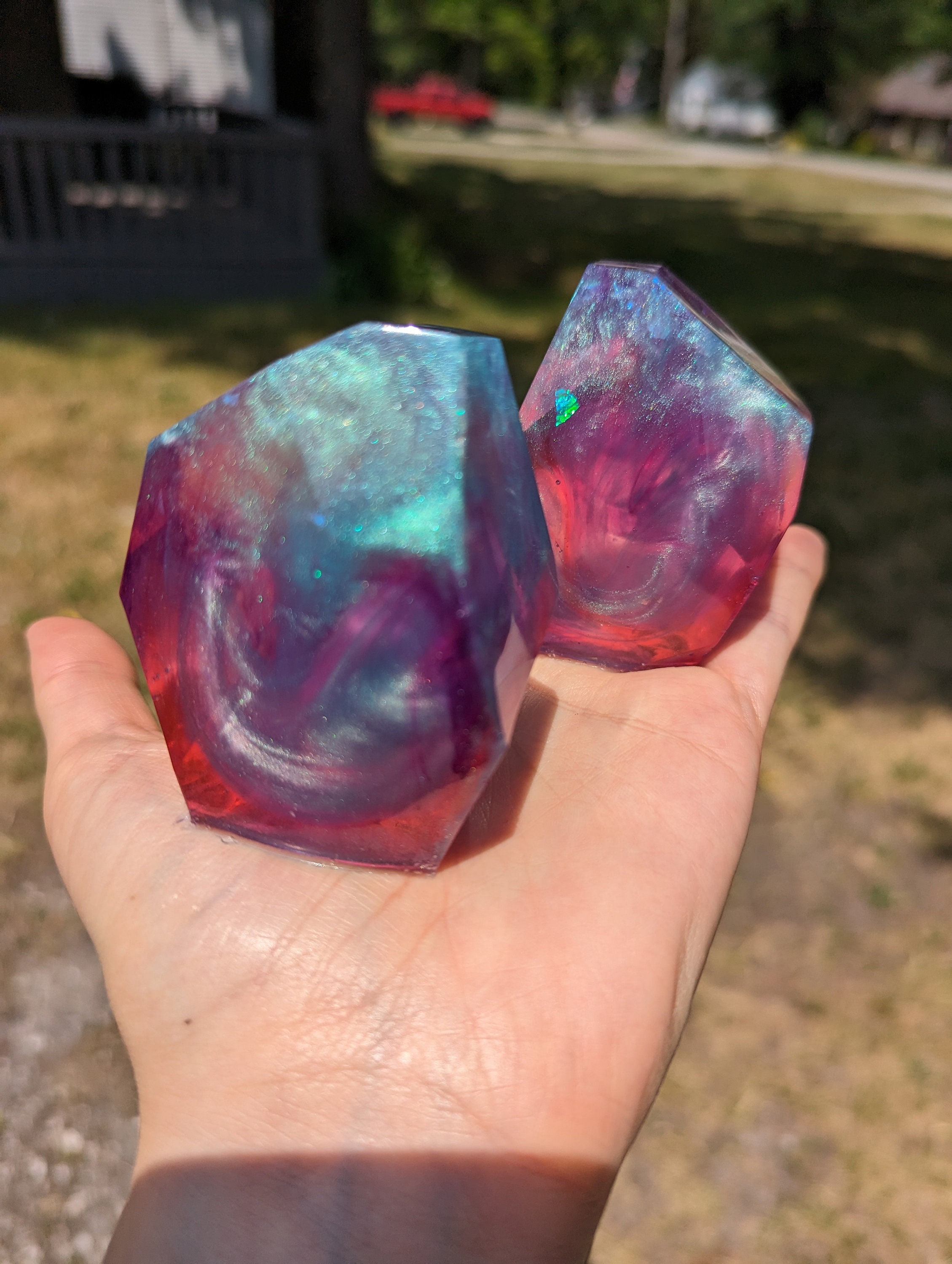 Pink and Teal Cosmic Crystal Paperweight Resin Crystals Pink Crystal Holographic Resin Crystal Staff Topper Wizard TTRPG Gifts RPG Gifts