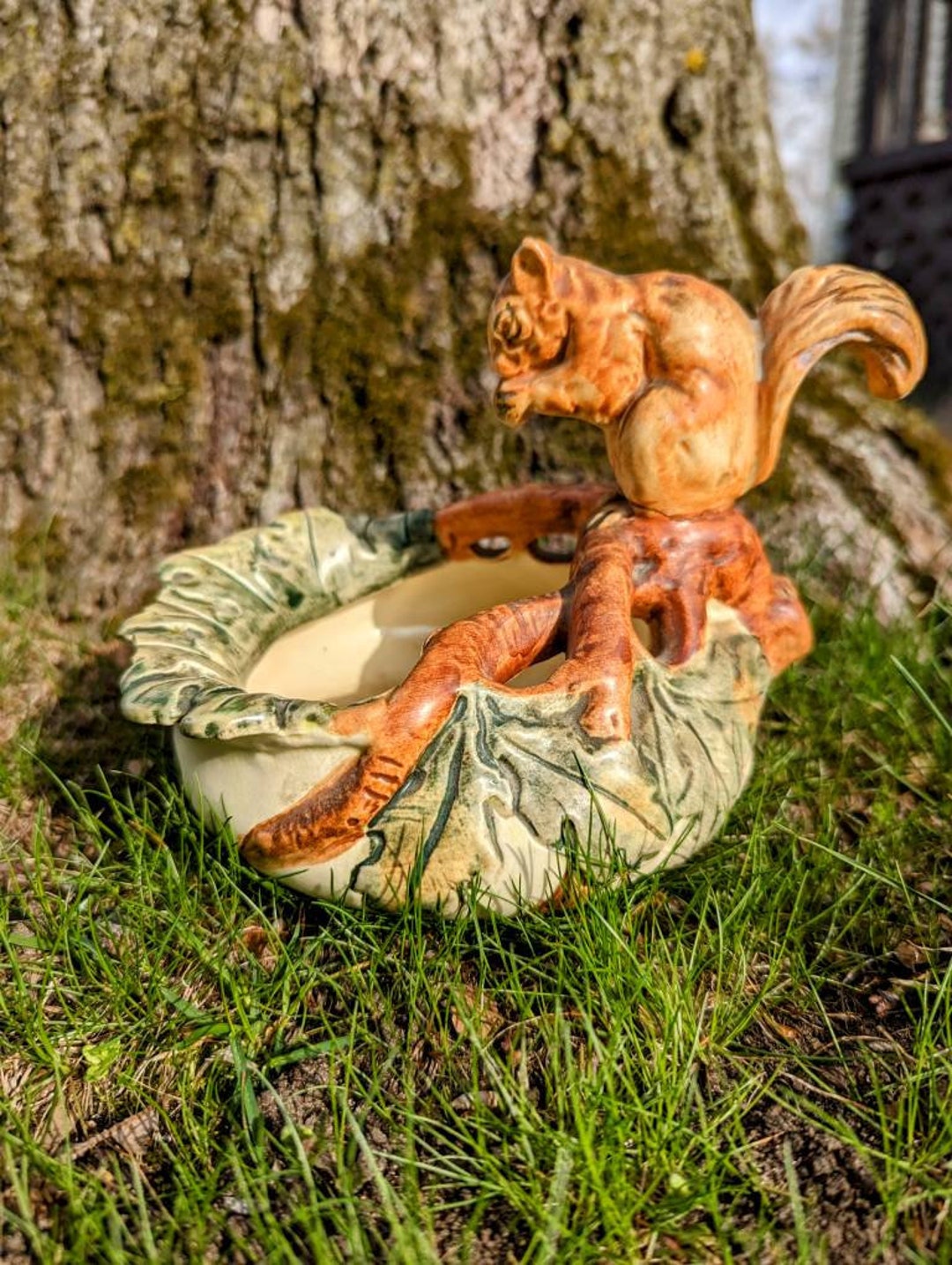 Squirrel Nut Dish Cute Walnut Dish Ceramic Squirrel Sitting on a Walnut