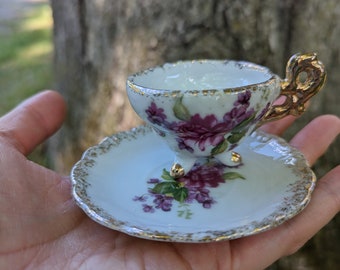 Vintage Floral Enesco Demitasse Cup: Gold Porcelain Teacup, Violet Design