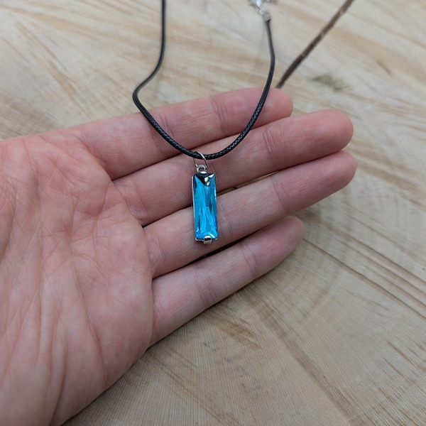 Shiny Blue Necklace Repurposed Vintage Earring Piece Rhinestone Glass Crystal Pendant Rectangular Delicate Silver Tone Blue Necklace For Her