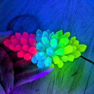 Puede incluir: Un grupo de cristales brillantes en tonos de rosa, azul y verde. Los cristales están dispuestos en una forma suelta y orgánica, y parecen estar hechos de vidrio o plástico.