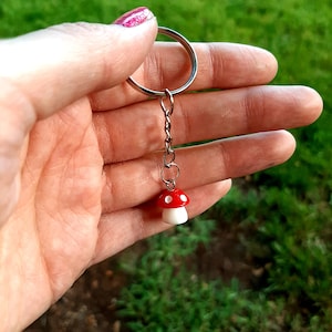 Puede incluir: Un llavero plateado con un dije de hongo rojo y blanco. El hongo tiene puntos blancos en la tapa roja.