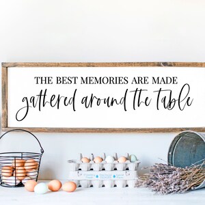 May include: A wooden sign with the text "The best memories are made gathered around the table". The sign is hanging on a white wall. There are eggs, a basket, and dried lavender in the foreground.