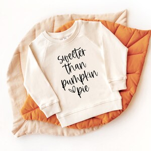 May include: A cream colored sweatshirt with the text "Sweeter than pumpkin pie" in black script. The sweatshirt is on a brown and beige leaf-shaped cushion.