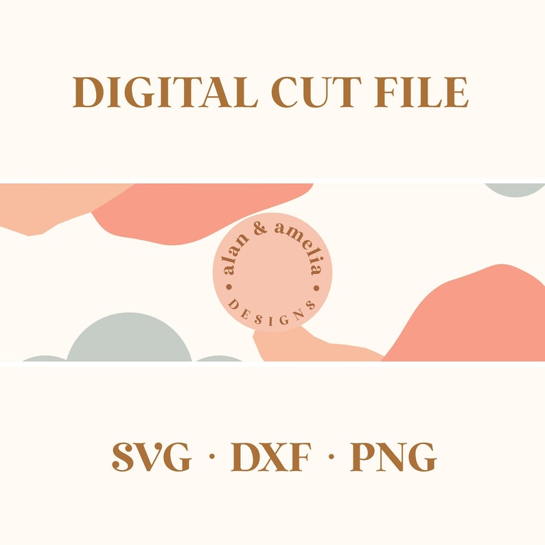 May include: Digital cut file design featuring abstract shapes in pink and gray with a brown circle logo that says "alan & amelia designs". The text "SVG. DXF. PNG" is below the design.
