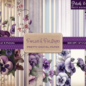 Amores-perfeitos e riscas estilo vintage bonito papel de scrapbook digital, download instantâneo, 12x12, criação de cartões, papelaria, diário de lixo, colagem