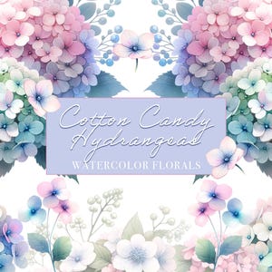 Algodão Doce Hortênsias Aquarela Florais Clipart, Download Instantâneo, PNGs, 300DPI